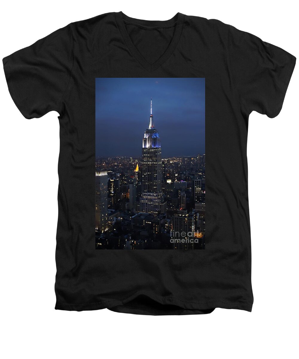Empire State Building Men's V-Neck T-Shirt featuring the photograph New York State of Mind by Lilliana Mendez
