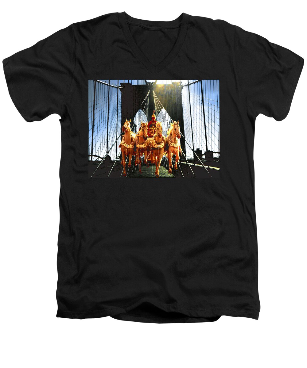 New+york Men's V-Neck T-Shirt featuring the photograph Caesars Horses on Brooklyn Bridge - New York Fantasy Collage by Peter Potter