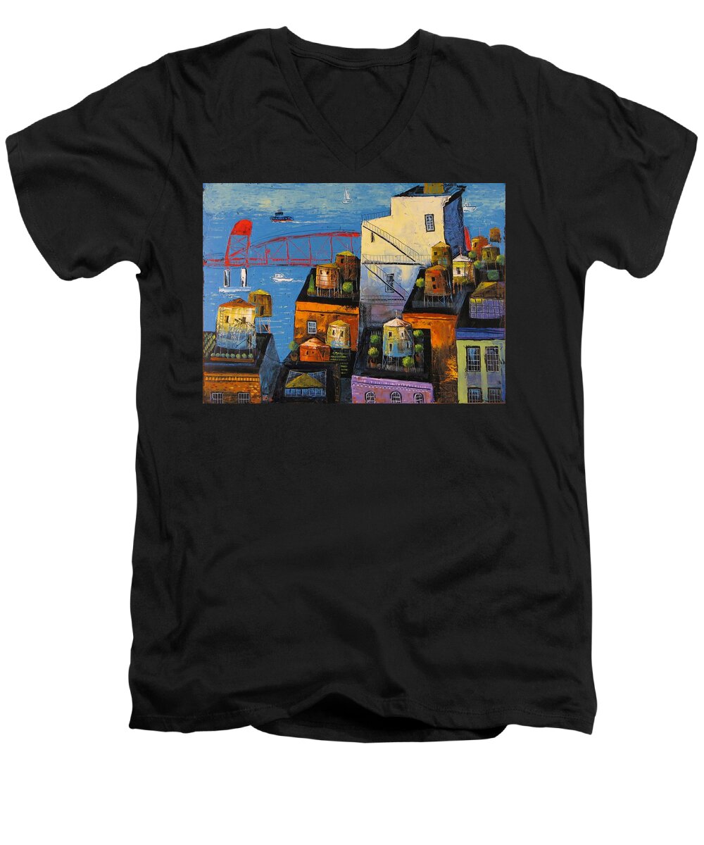 Motif Men's V-Neck T-Shirt featuring the painting New York,red bridge by Mikhail Zarovny