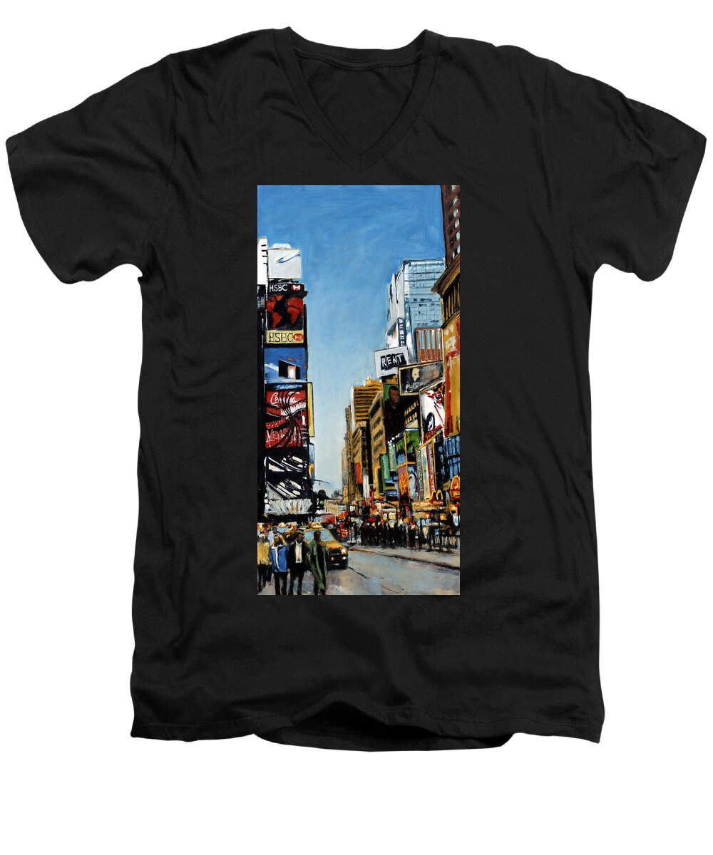Rob Reeves Men's V-Neck T-Shirt featuring the painting NYC III Cab Dodging by Robert Reeves