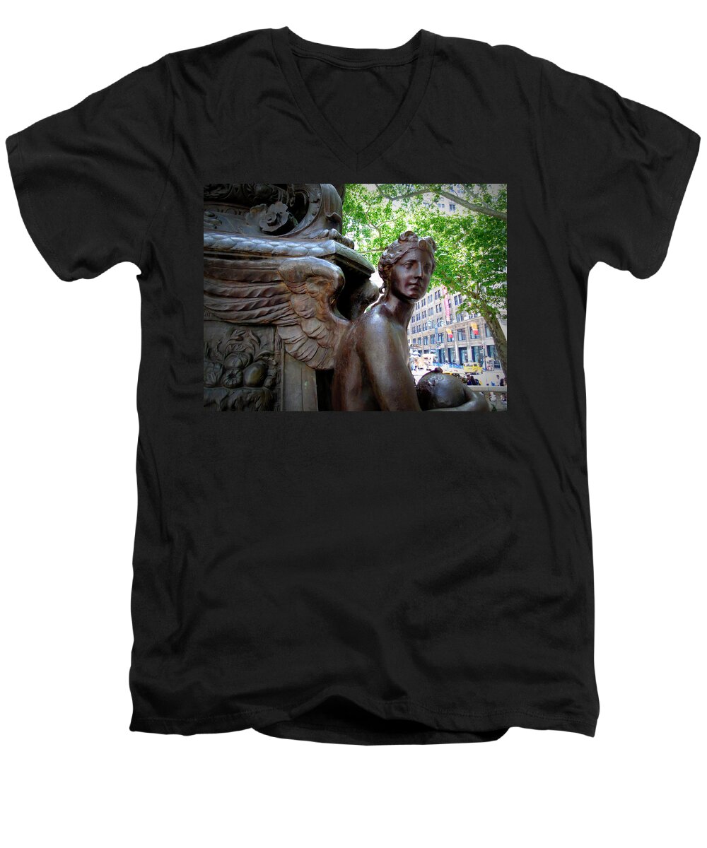 Angel Men's V-Neck T-Shirt featuring the photograph NYC Library Angel by Susan Lafleur
