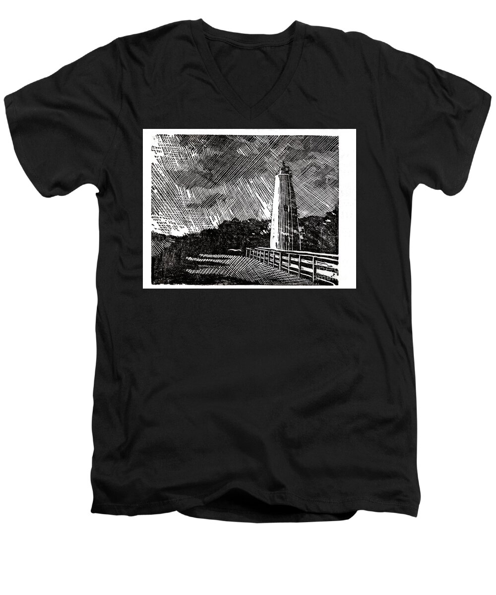Lighthouse Men's V-Neck T-Shirt featuring the painting Ocracoke Island Lighthouse II by Ryan Fox