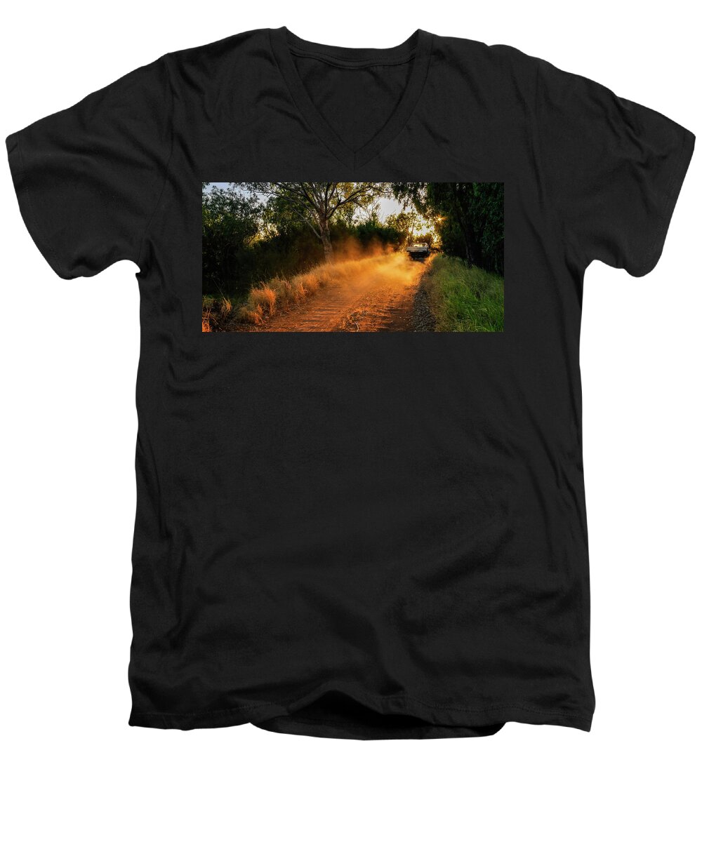 Outback Australia Men's V-Neck T-Shirt featuring the photograph Off to Work in the Outback by Lexa Harpell
