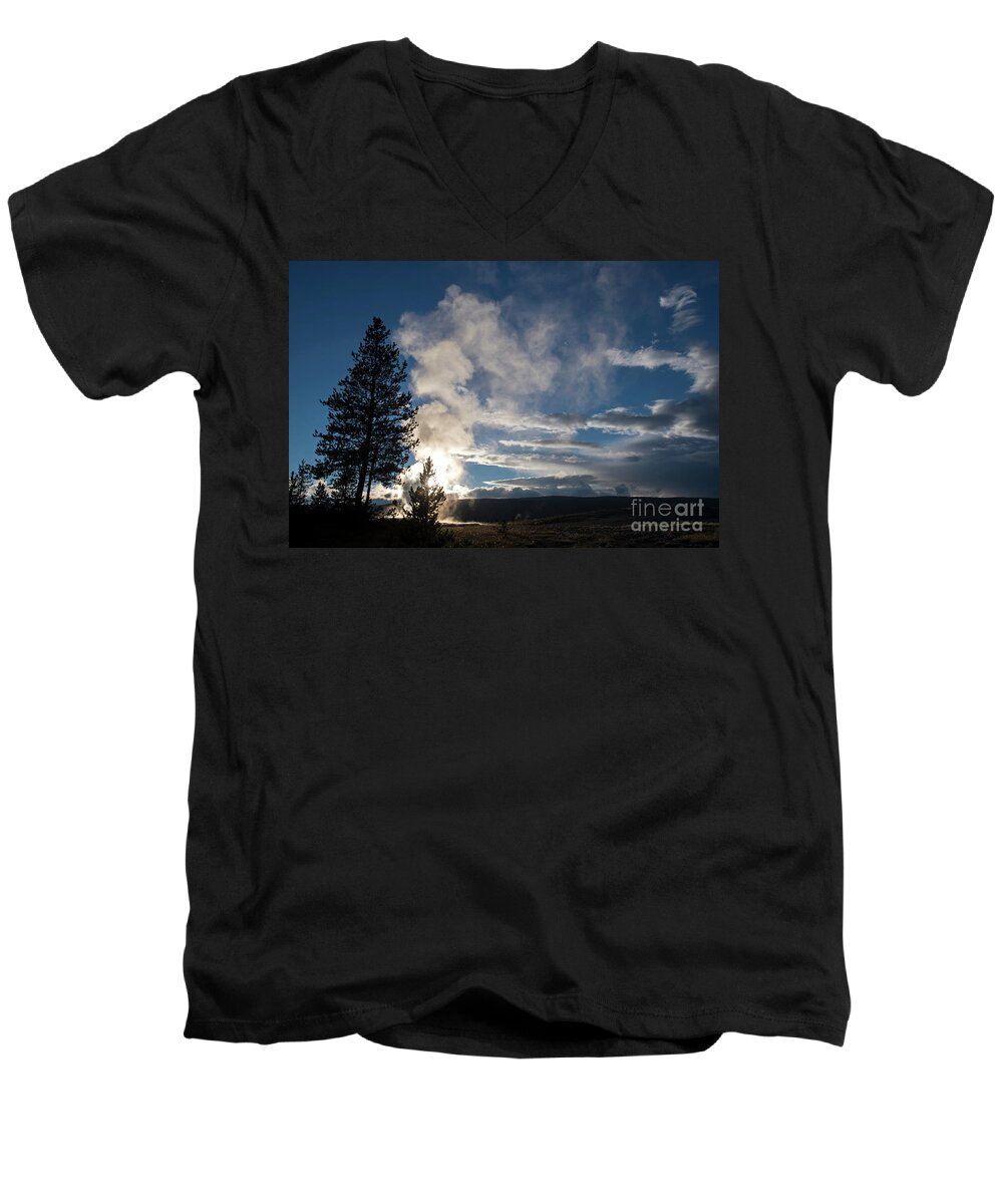 Old Faithfull Men's V-Neck T-Shirt featuring the photograph Old Faithfull at sunset by Cindy Murphy - NightVisions