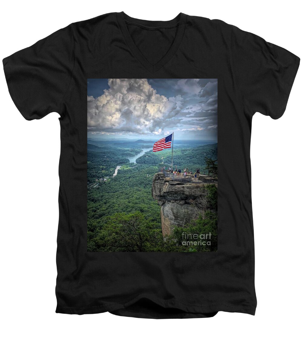 Chimney Rock Men's V-Neck T-Shirt featuring the photograph Old Glory on the Rock by Buddy Morrison