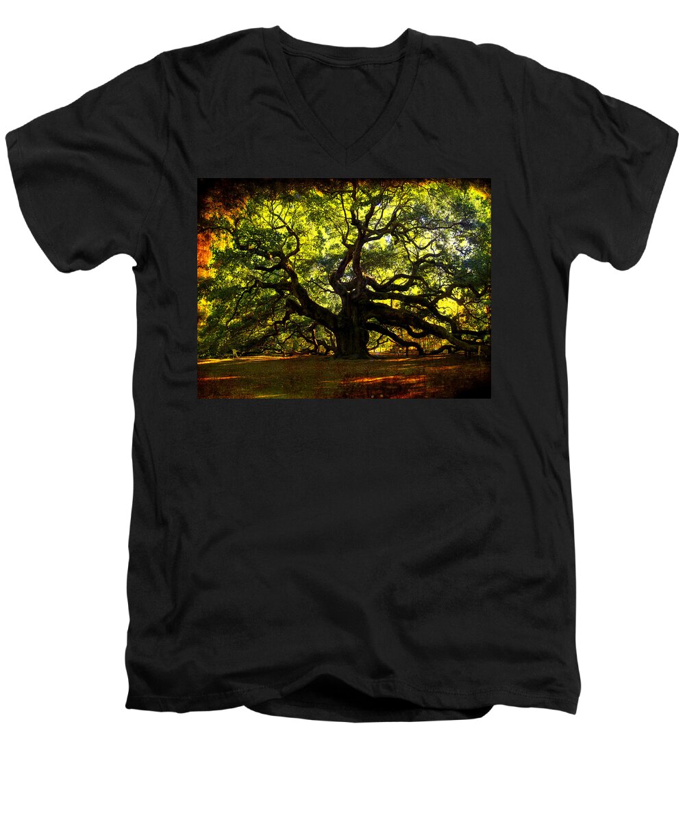 Angel Oak Men's V-Neck T-Shirt featuring the photograph Old old Angel Oak in Charleston by Susanne Van Hulst
