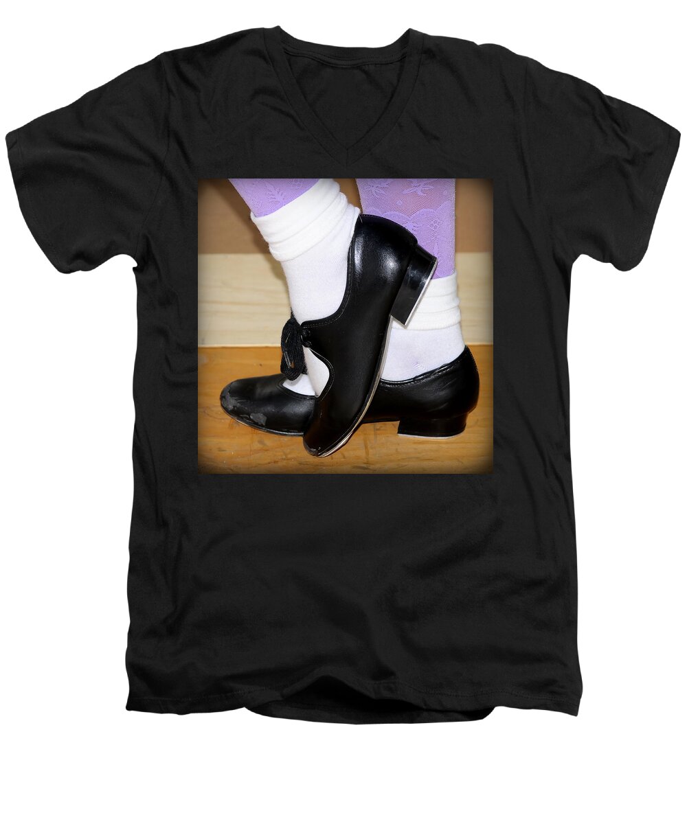 Black Men's V-Neck T-Shirt featuring the photograph Old Tap Dance Shoes With White Socks And Wooden Floor by Pedro Cardona Llambias