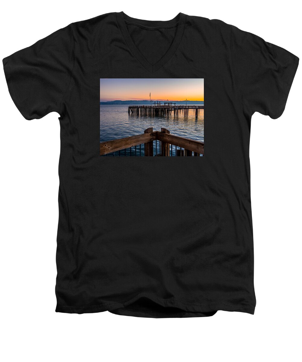 Rob Green Men's V-Neck T-Shirt featuring the photograph Old Town Pier during Sunrise on Commencement Bay by Rob Green