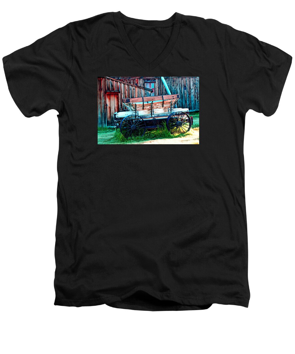 Bodie Men's V-Neck T-Shirt featuring the digital art old Wagon In Bodie by Joseph Coulombe