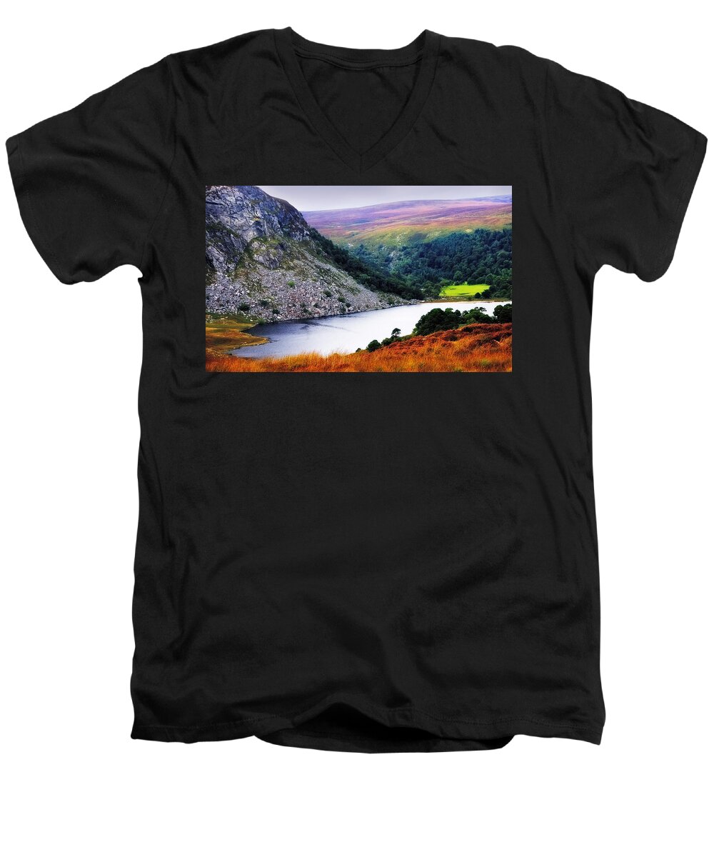 Ireland Men's V-Neck T-Shirt featuring the photograph On the Shore of Lough Tay. Wicklow. Ireland by Jenny Rainbow