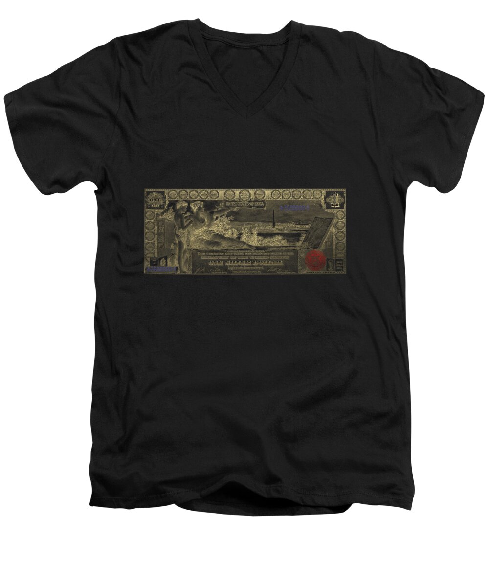'paper Currency' By Serge Averbukh Men's V-Neck T-Shirt featuring the digital art One U.S. Dollar Bill - 1896 Educational Series in Gold on Black by Serge Averbukh