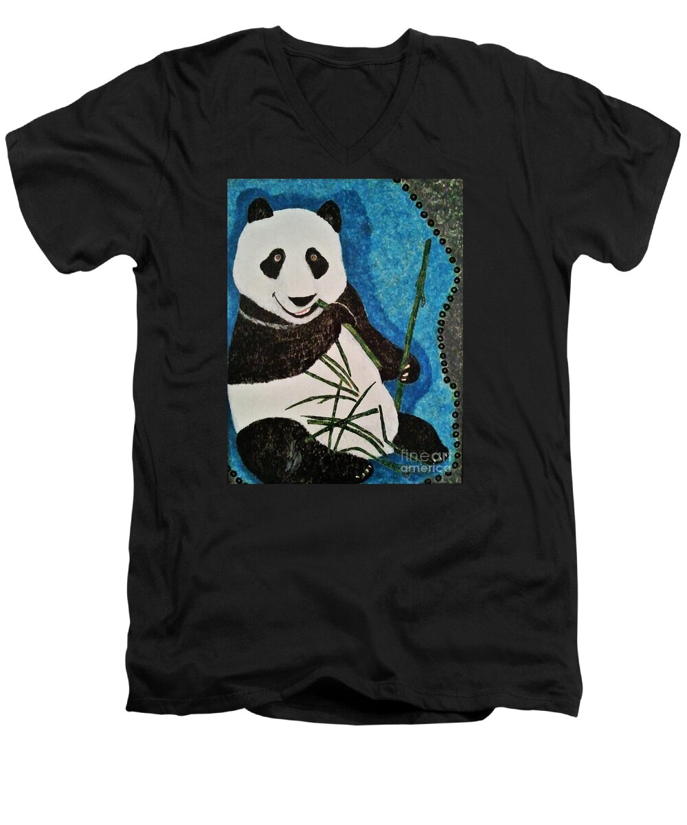 Panda Men's V-Neck T-Shirt featuring the painting Panda by Jasna Gopic