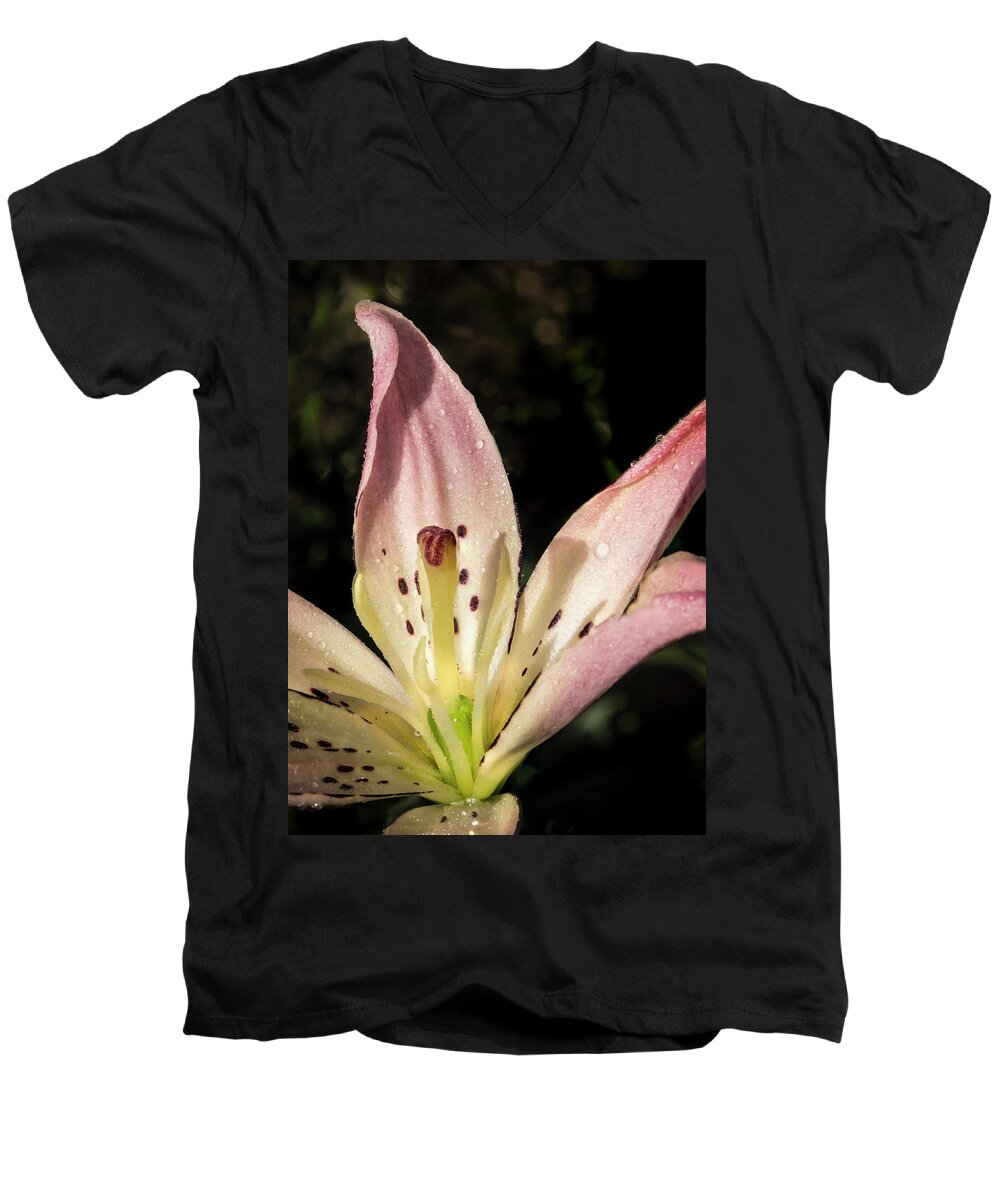 Jean Noren Men's V-Neck T-Shirt featuring the photograph Partitioned Lily by Jean Noren