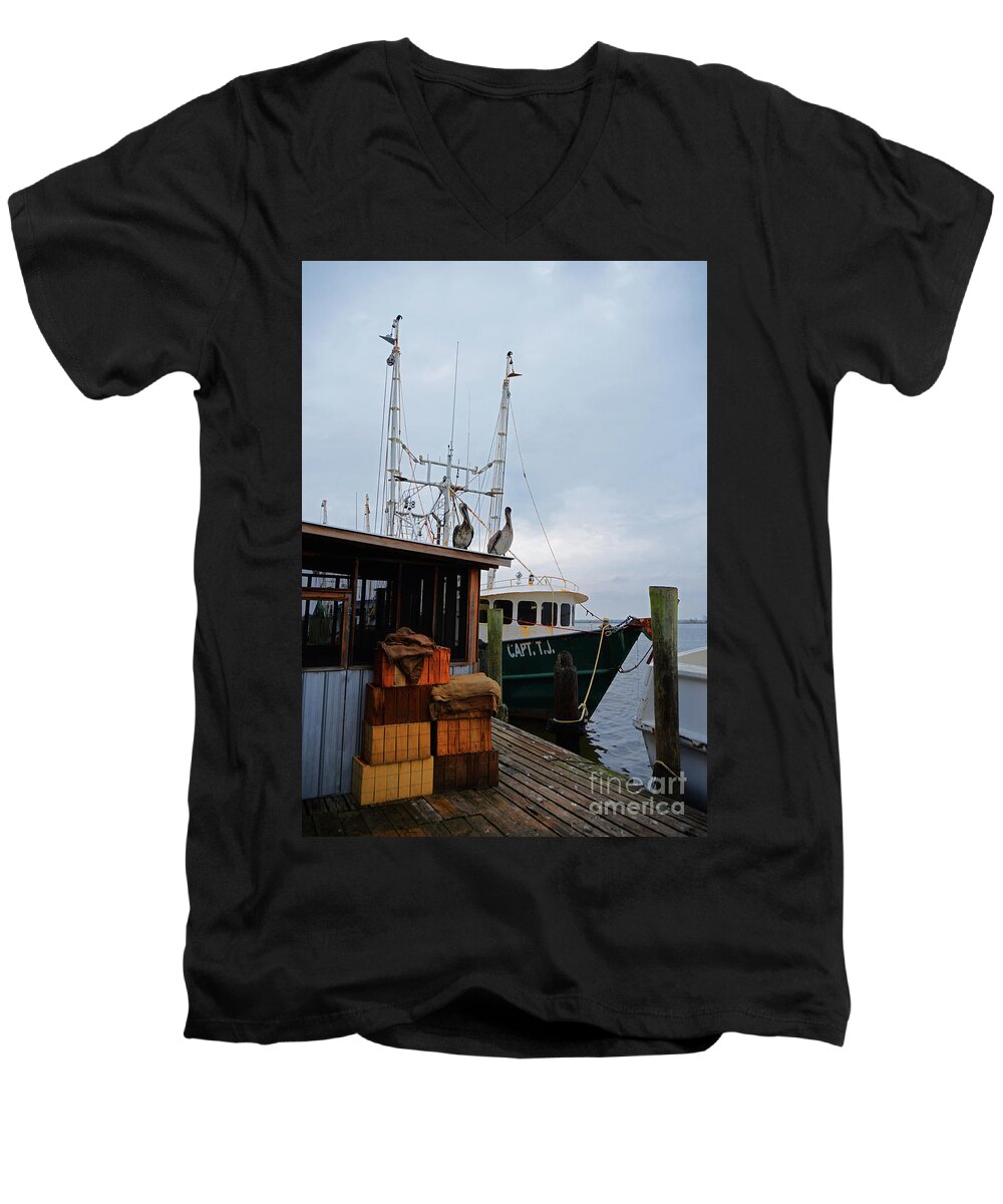 Apalachicola Men's V-Neck T-Shirt featuring the photograph Pelicans Looking for Lunch by George D Gordon III