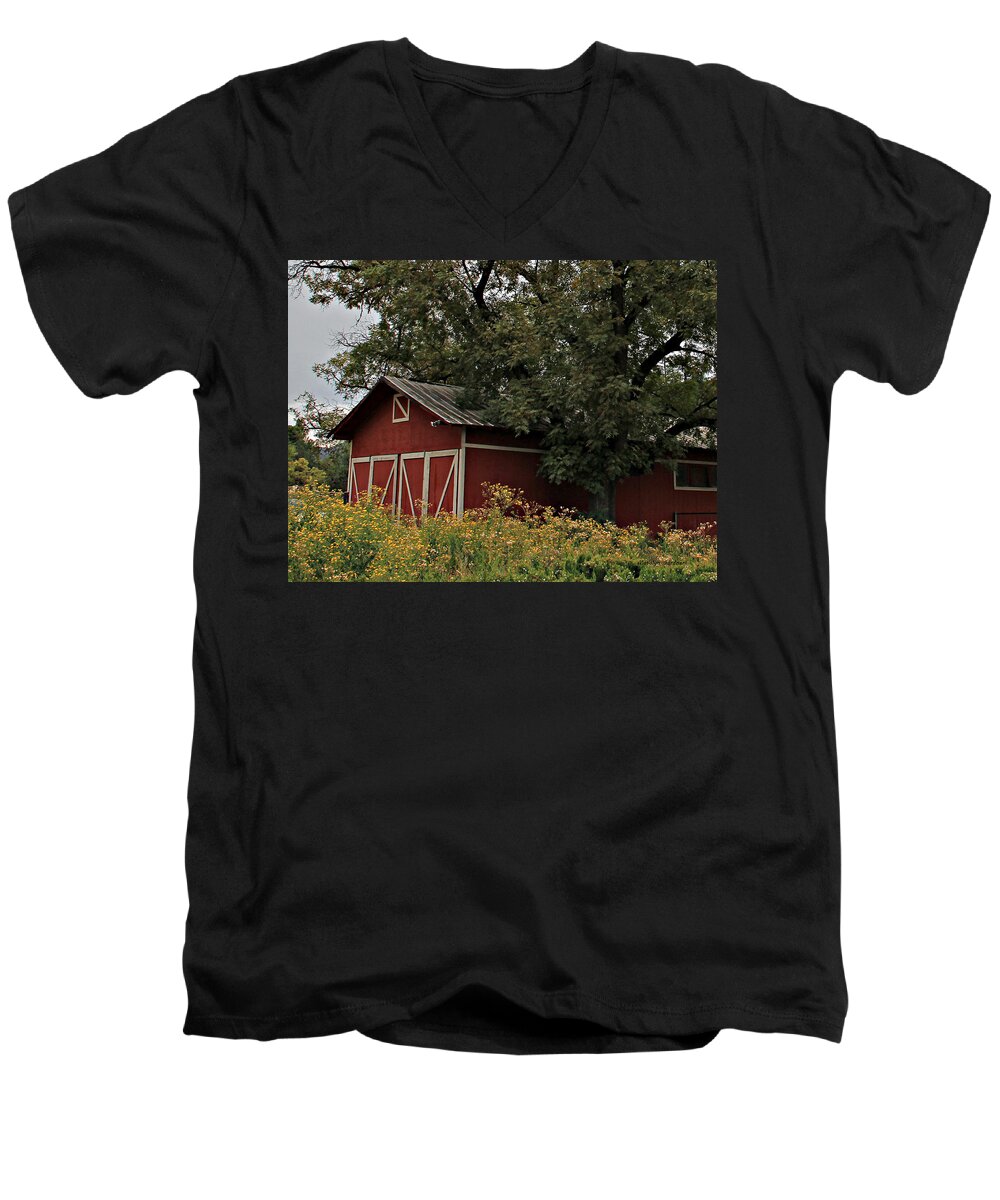  Men's V-Neck T-Shirt featuring the photograph Pine Barn by Matalyn Gardner