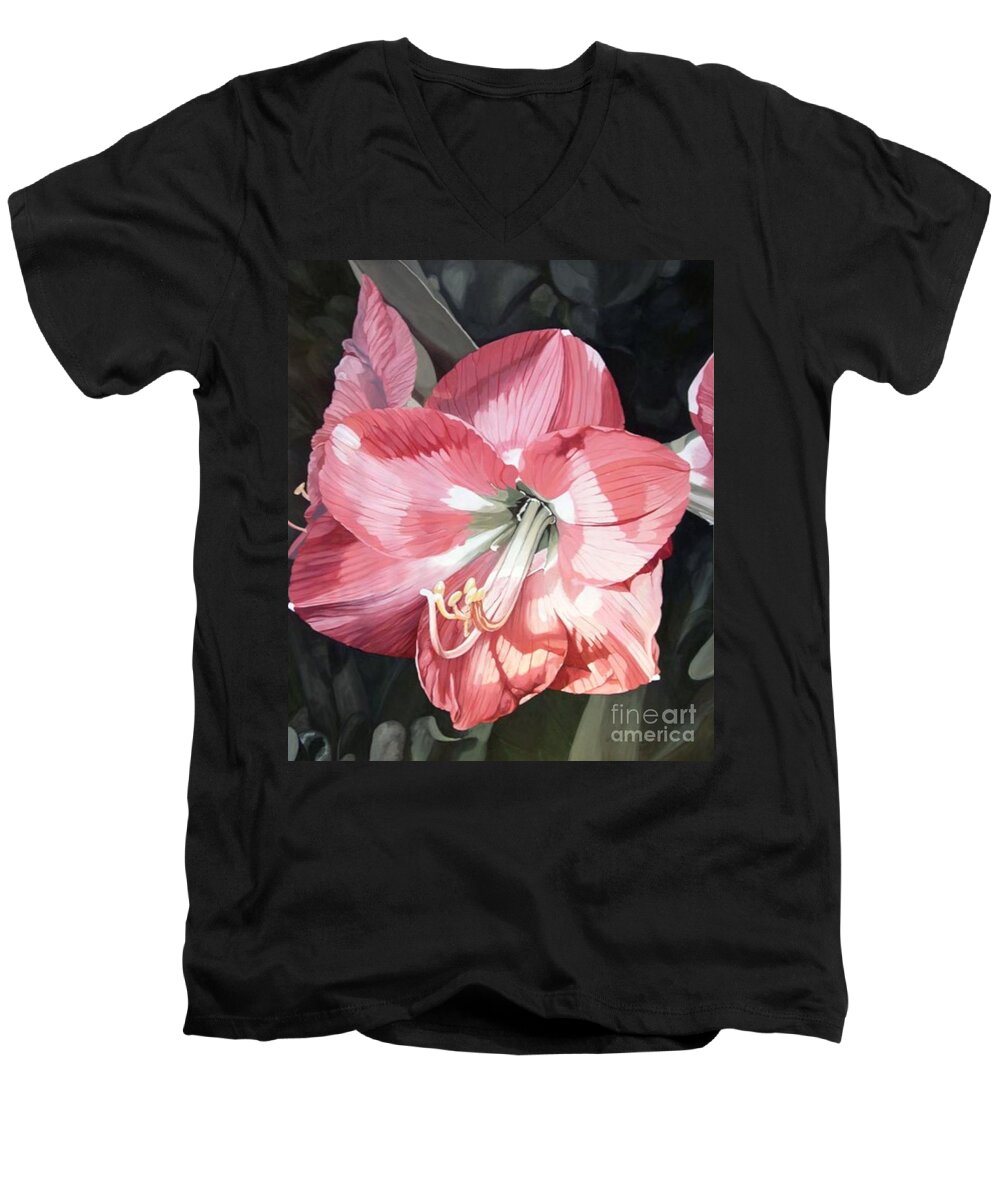 Pink Amaryllis Men's V-Neck T-Shirt featuring the painting Pink Amaryllis by Laurie Rohner
