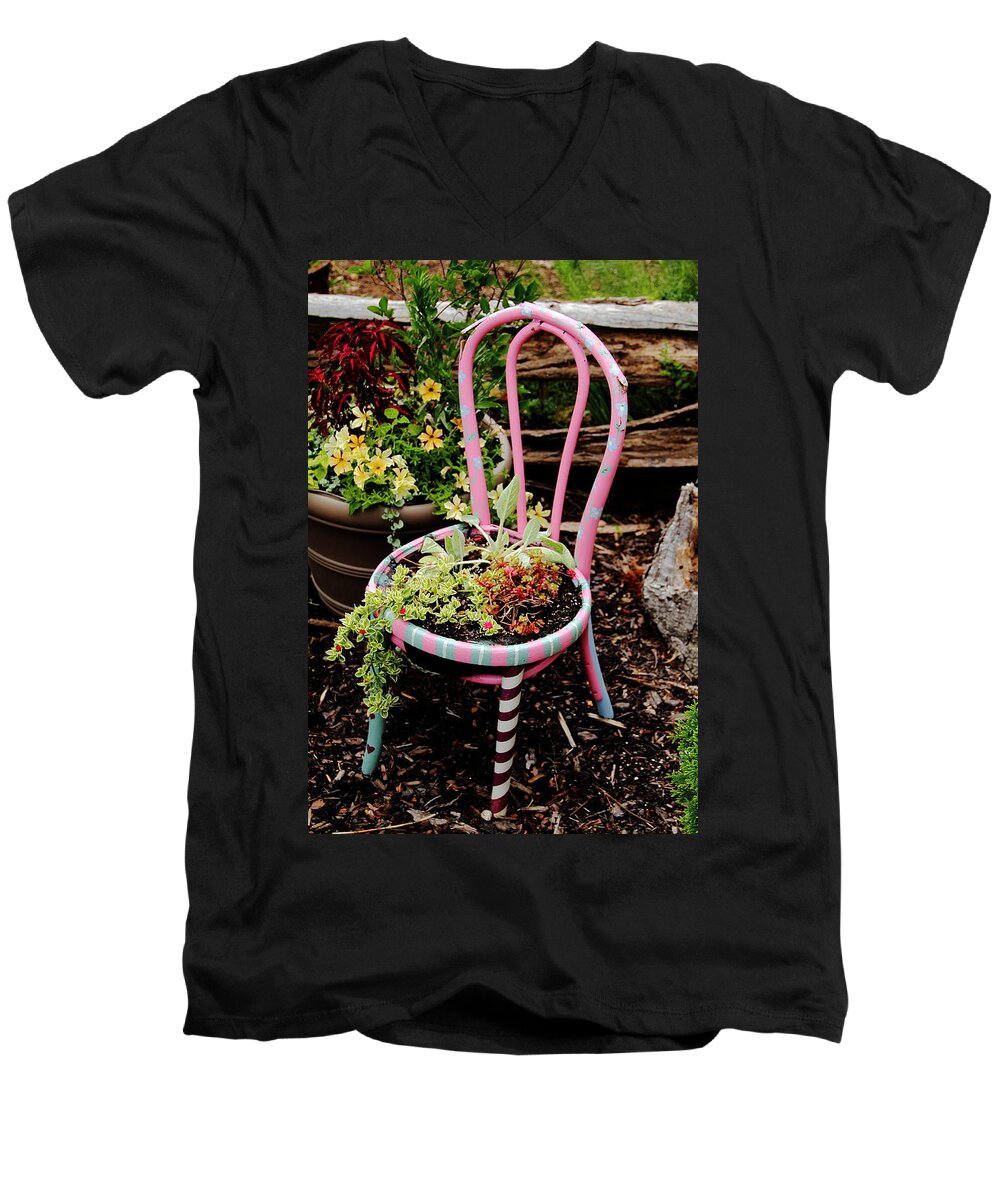 Chair Men's V-Neck T-Shirt featuring the photograph Pink Chair Planter by Allen Nice-Webb