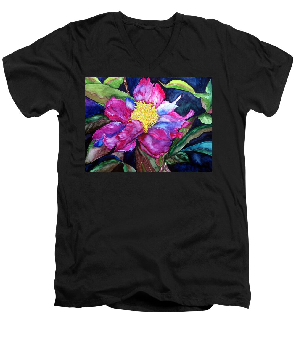 Pink Flower Men's V-Neck T-Shirt featuring the painting Pink Drama by Lil Taylor