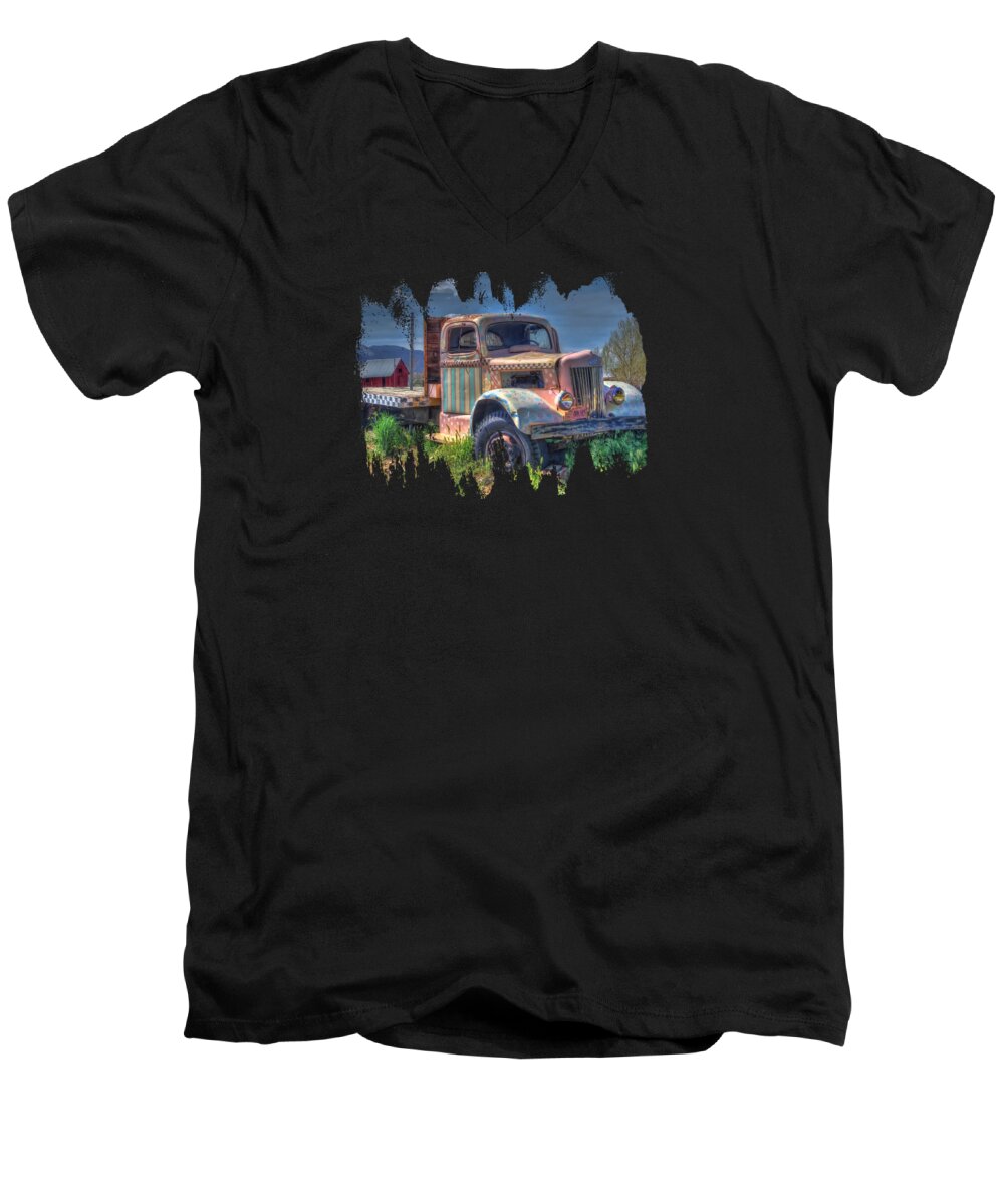 Old Truck Prints For Sale Men's V-Neck T-Shirt featuring the photograph Classic Flatbed Truck In Pink by Thom Zehrfeld