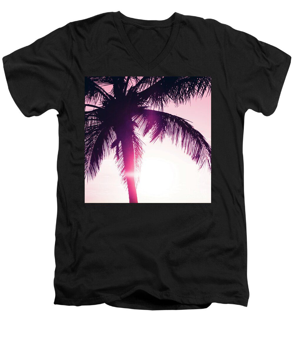 Pink Men's V-Neck T-Shirt featuring the photograph Pink Palm Tree Silhouettes Kihei Tropical Nights by Sharon Mau