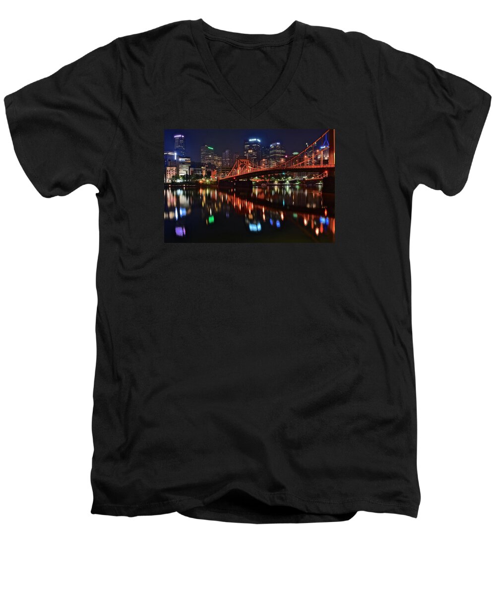 Pittsburgh Men's V-Neck T-Shirt featuring the photograph Pittsburgh Lights by Frozen in Time Fine Art Photography