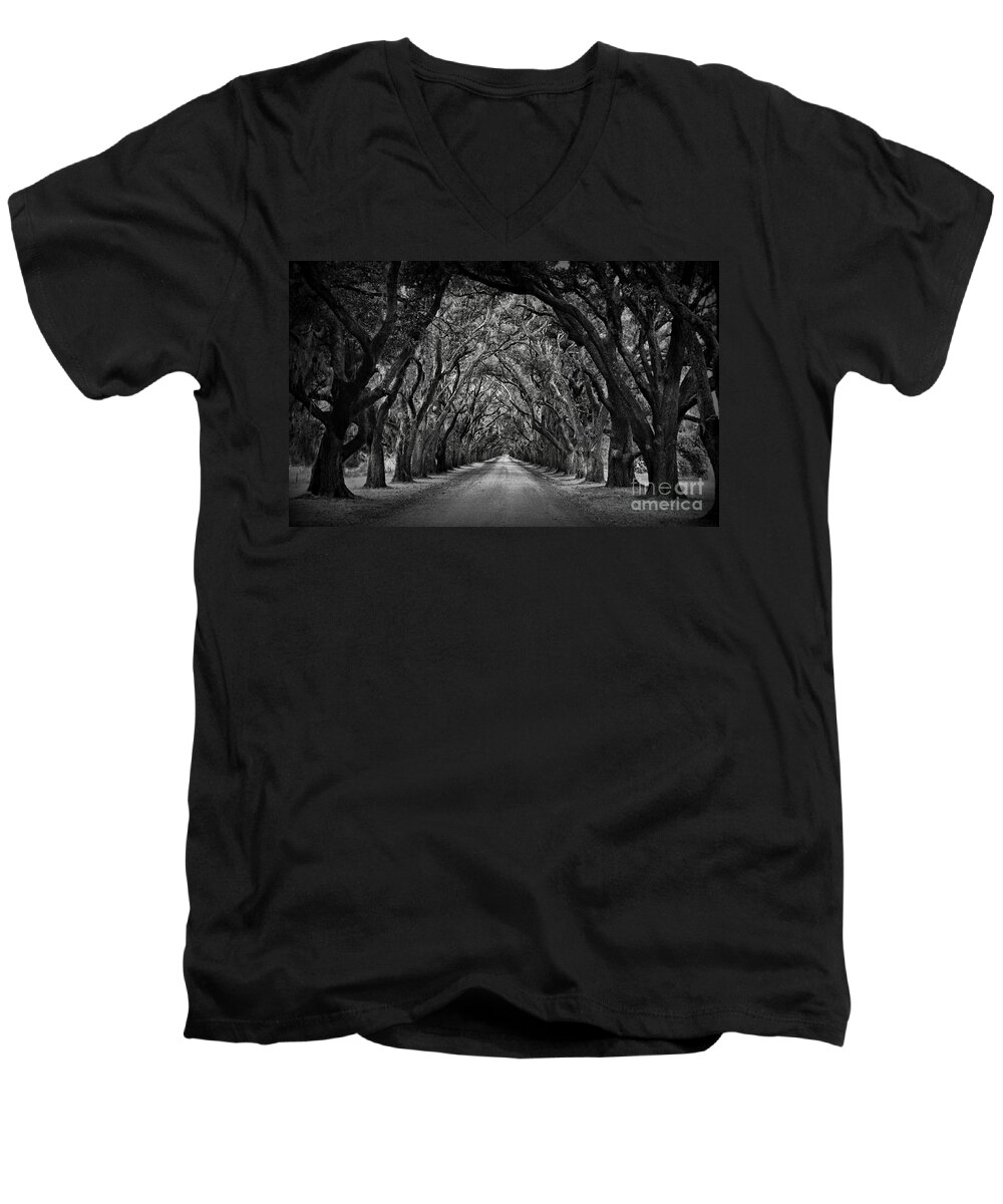 Oak Alley Men's V-Neck T-Shirt featuring the photograph Plantation Oak Alley by Perry Webster