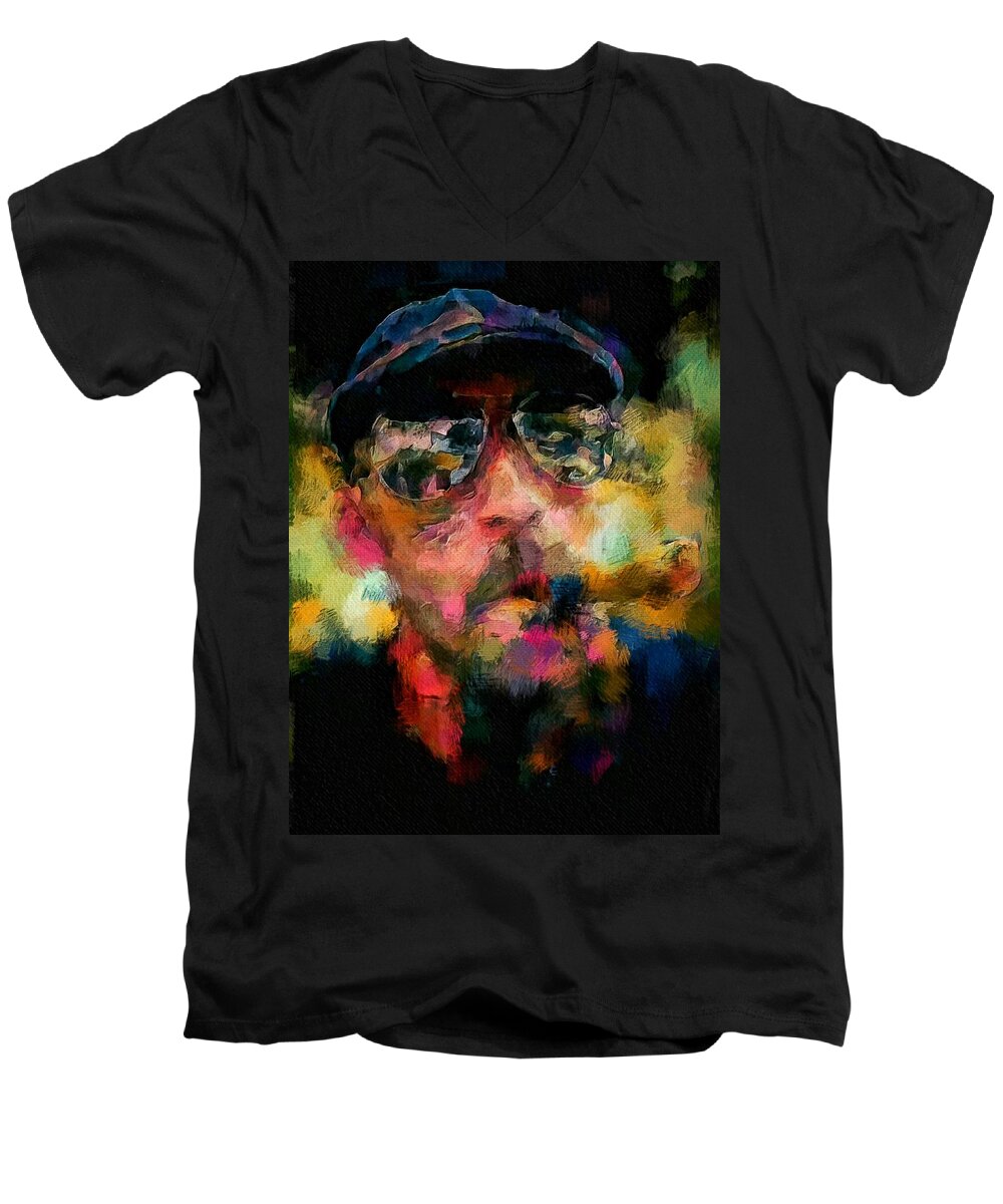 Harley Davidson Men's V-Neck T-Shirt featuring the painting Portrait of a man in sunglass smoking a cigar in the sunshine wearing a hat and riding a motorcycle in pink green yellow black blue oil paint with raking light to pick up paint texture by MendyZ