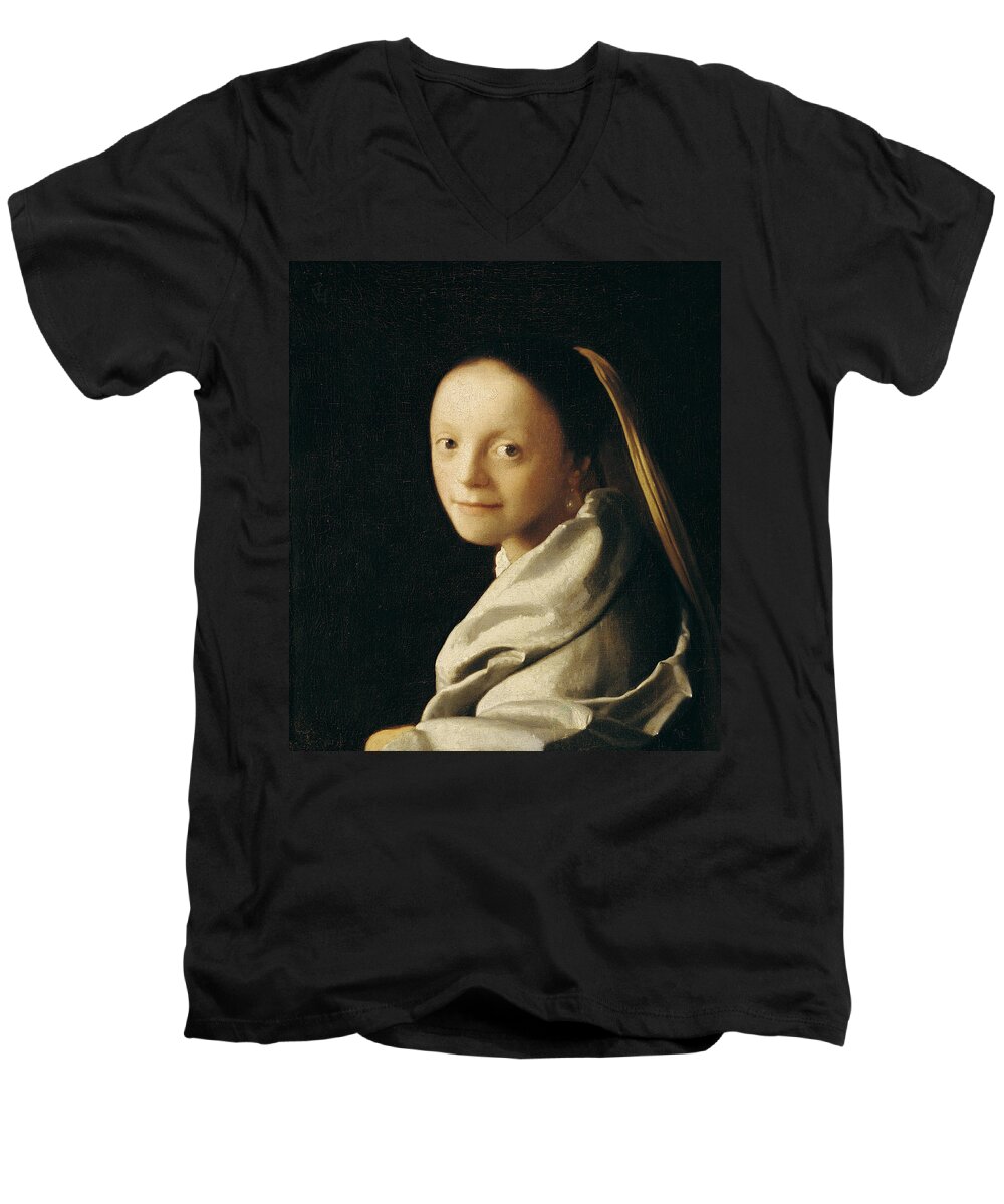 Vermeer Men's V-Neck T-Shirt featuring the painting Portrait of a Young Woman by Jan Vermeer