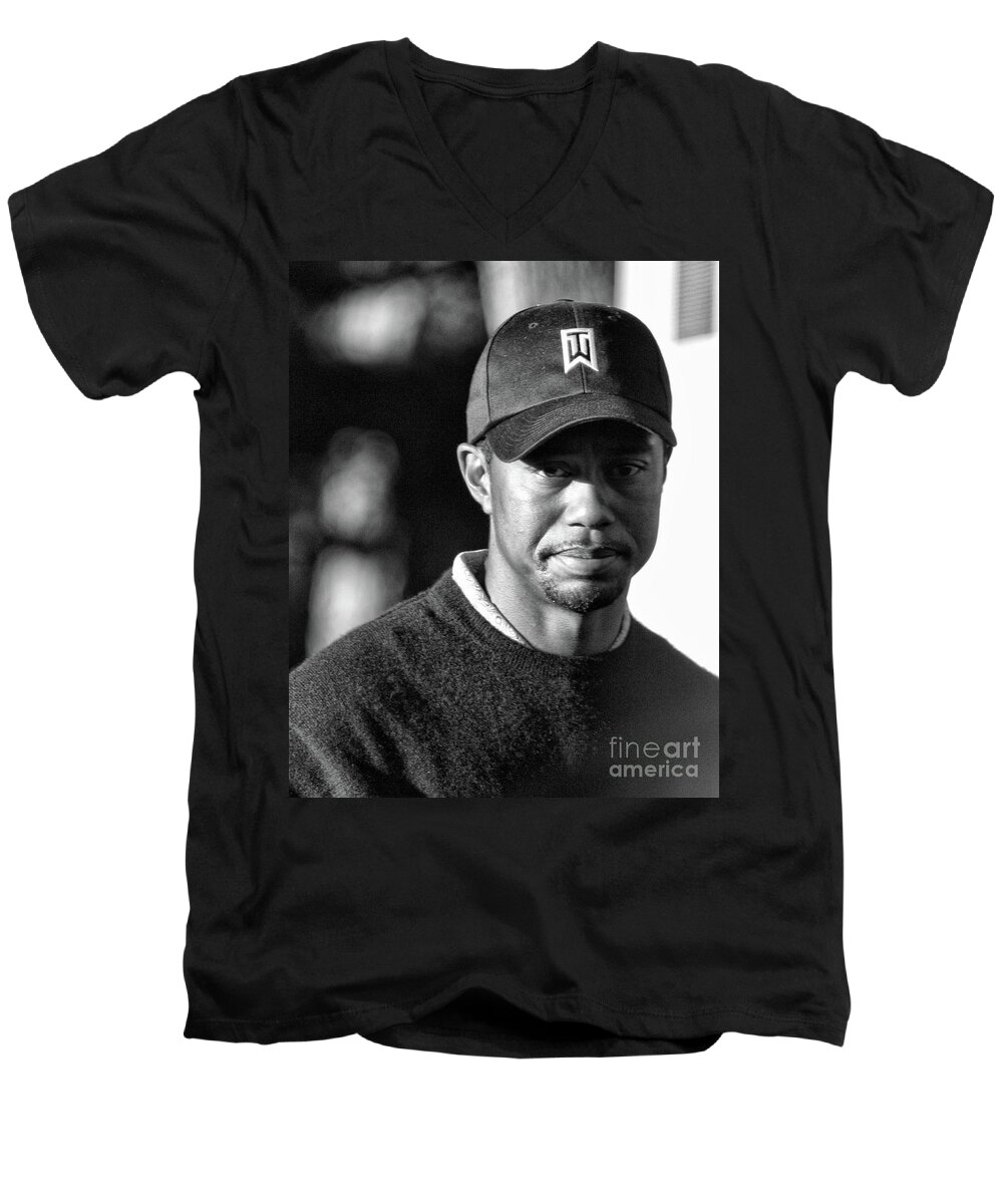 Tiger Men's V-Neck T-Shirt featuring the photograph Portrait Tiger Woods Black White by Chuck Kuhn