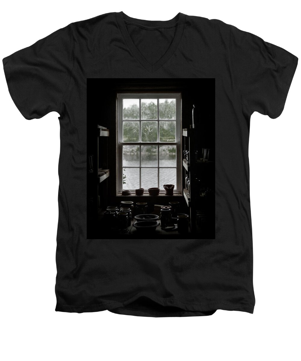 Pottery Men's V-Neck T-Shirt featuring the photograph Pottery Studio Window on the River in Sherbrooke Village Nova Scotia by Art Whitton