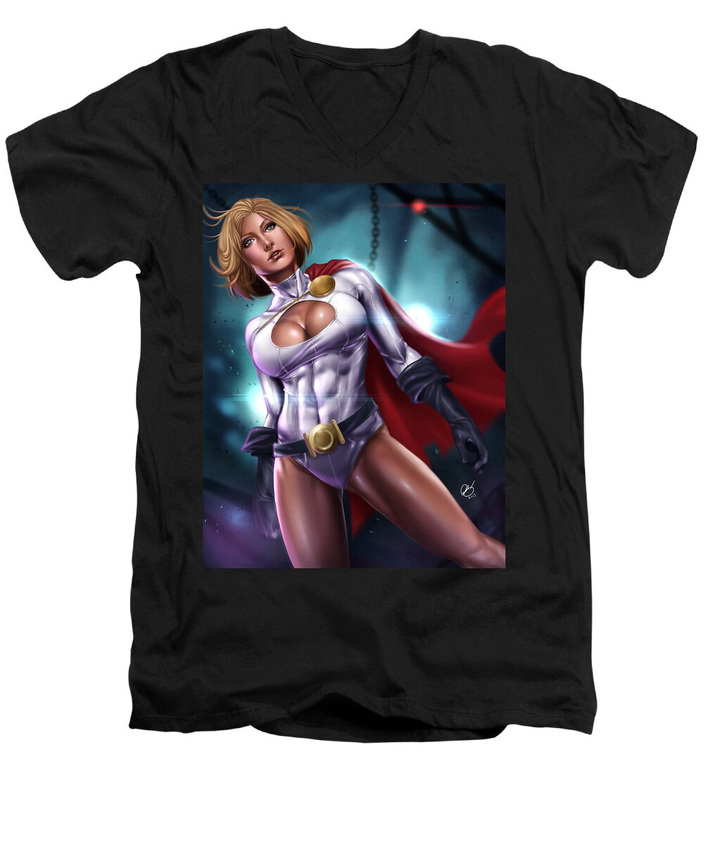 Pete Tapang Men's V-Neck T-Shirt featuring the painting Power Girl by Pete Tapang