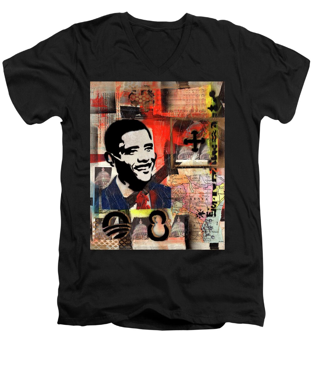 44th President Of The United States Men's V-Neck T-Shirt featuring the mixed media President Barack Obama by Everett Spruill