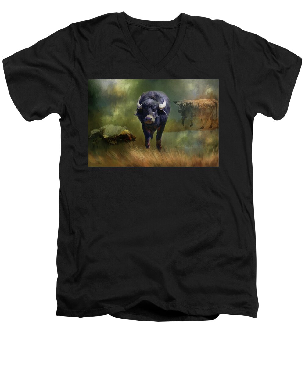 Water Buffalo Men's V-Neck T-Shirt featuring the painting Protector by Theresa Campbell
