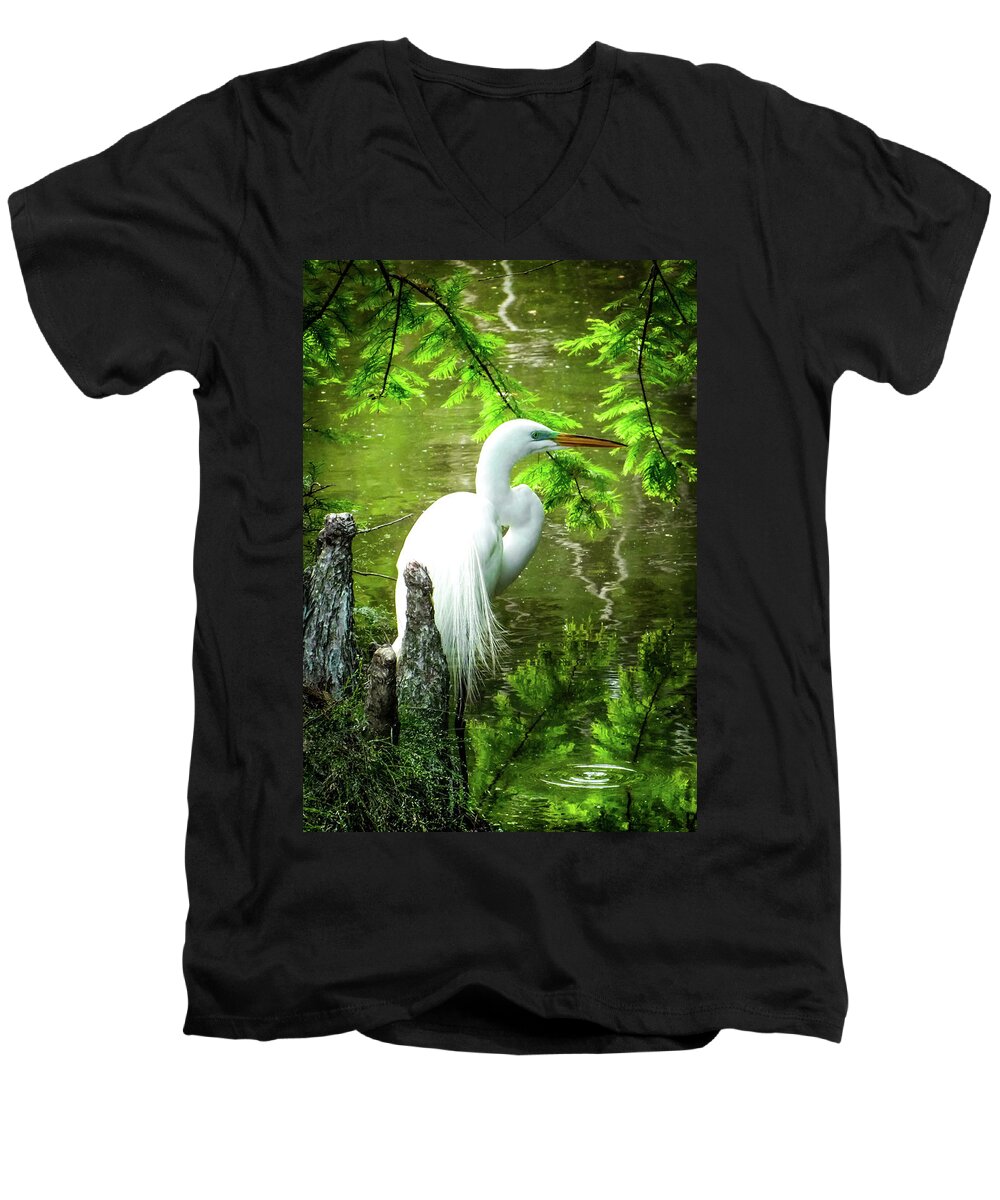 Coastal Egrets Men's V-Neck T-Shirt featuring the photograph QUIET MOMENTS of ELEGANCE by Karen Wiles