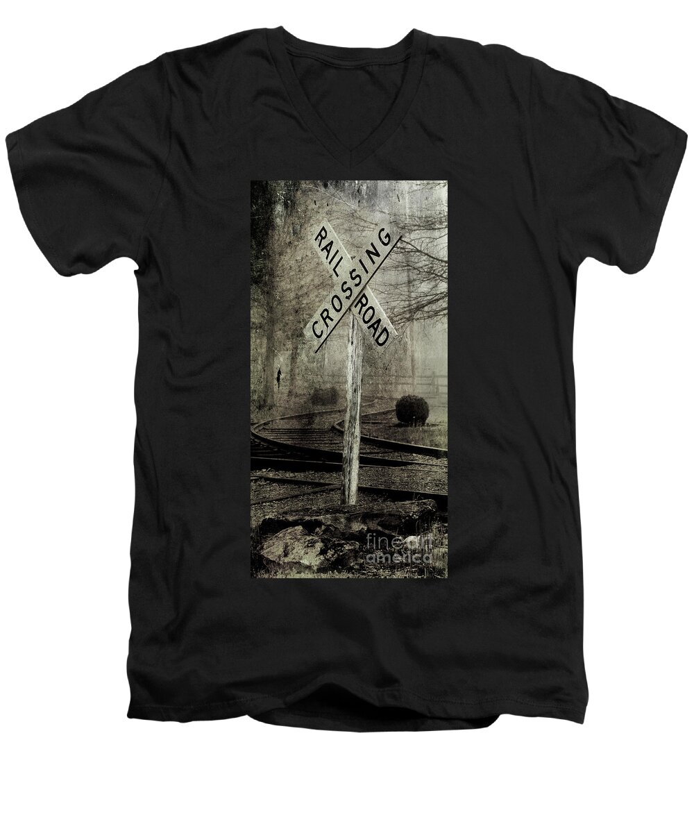 Old Railroad Sign Men's V-Neck T-Shirt featuring the photograph Railroad Crossing by Michael Eingle