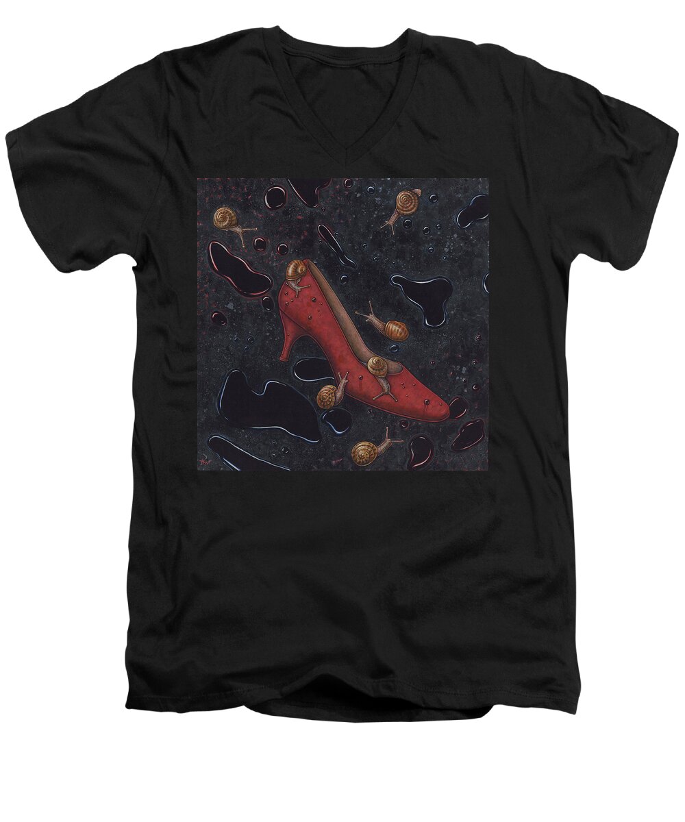 Shoe Men's V-Neck T-Shirt featuring the painting Rain by Holly Wood