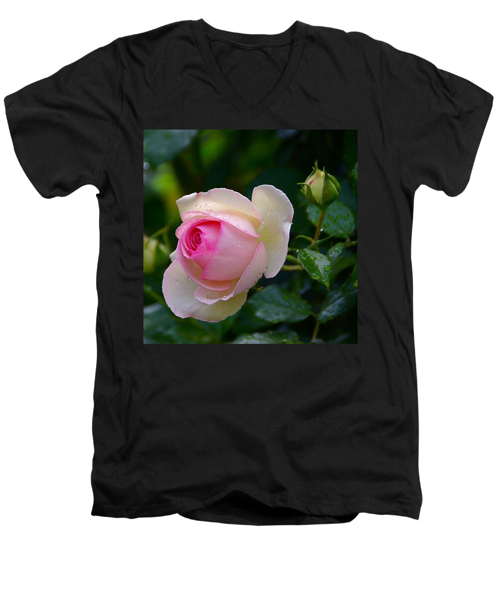 Rose Men's V-Neck T-Shirt featuring the photograph Rain-Kissed Rose by Byron Varvarigos