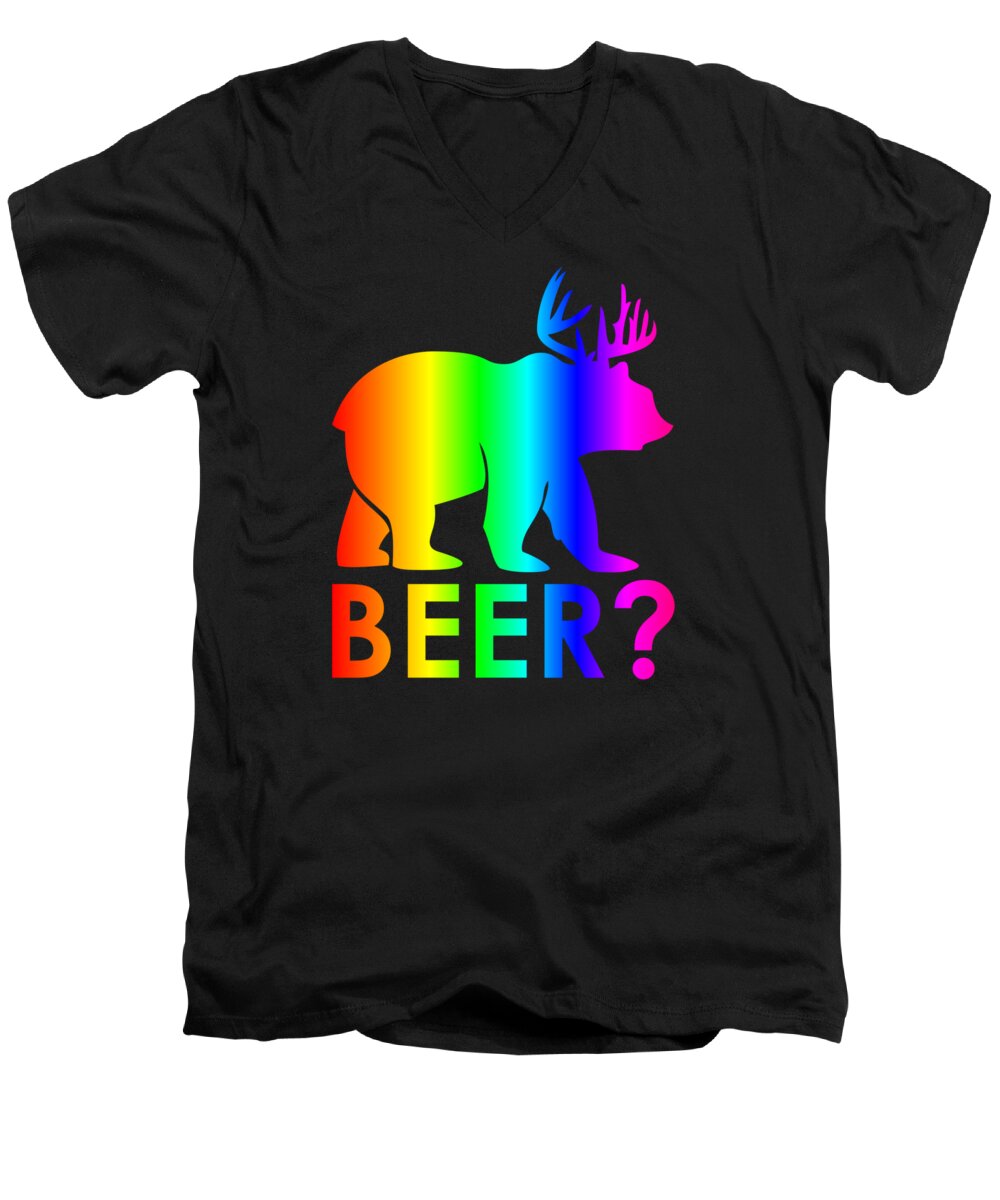 Rainbow Men's V-Neck T-Shirt featuring the digital art Rainbow Beer Bear by Frederick Holiday