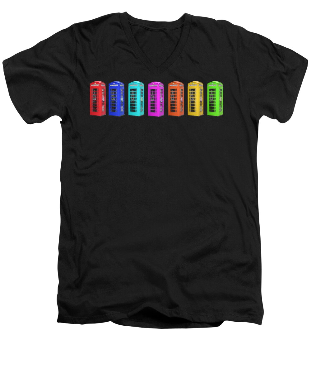 Phone Men's V-Neck T-Shirt featuring the photograph Rainbow of London Phone Booths Tee by Edward Fielding
