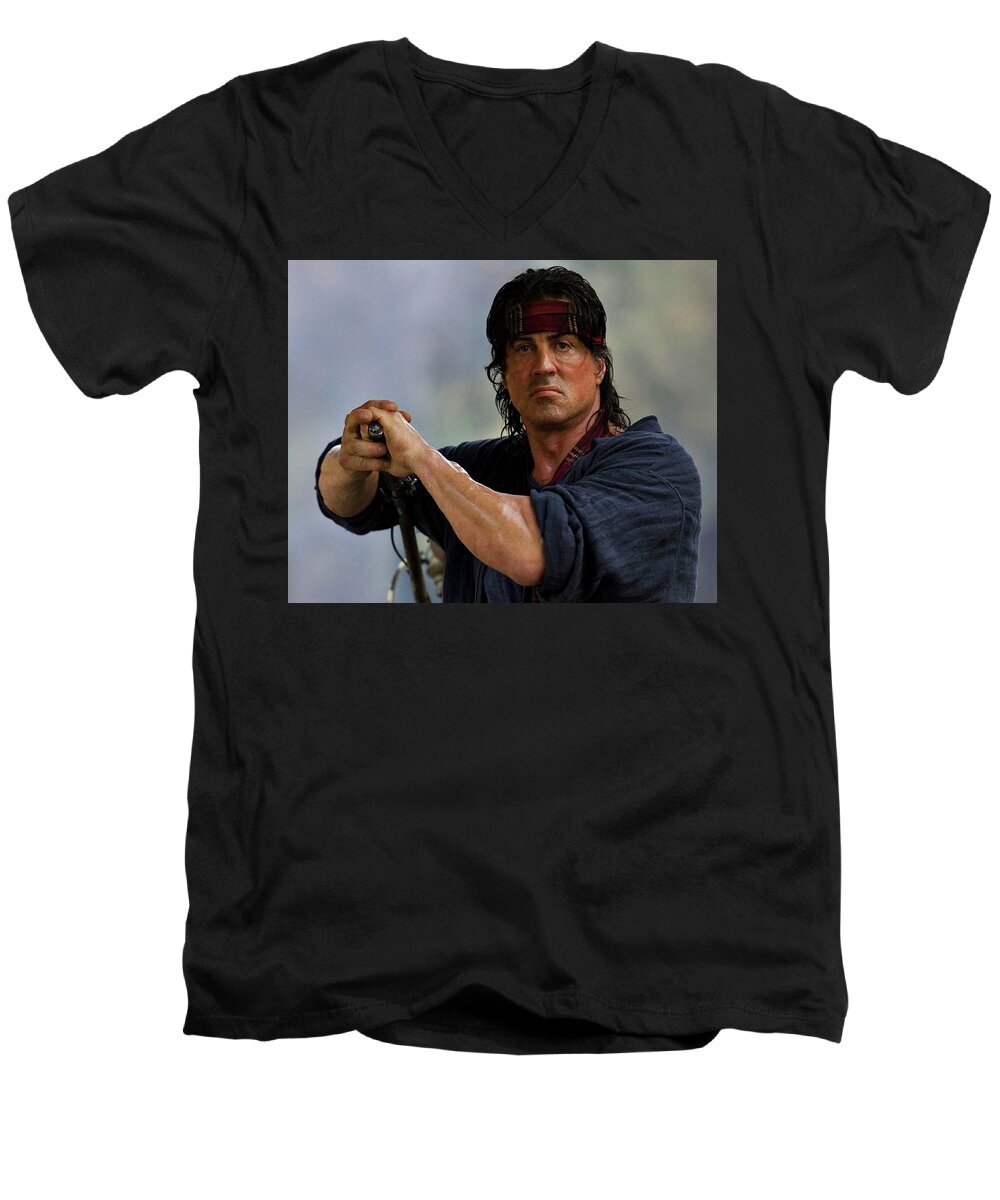 Rambo Men's V-Neck T-Shirt featuring the mixed media Rambo Sylvester Stallone by David Dehner