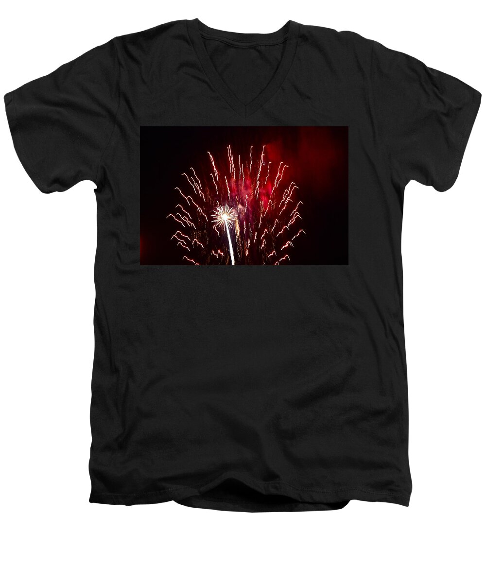 Fireworks Men's V-Neck T-Shirt featuring the photograph Red and White Fireworks by Diana Hatcher