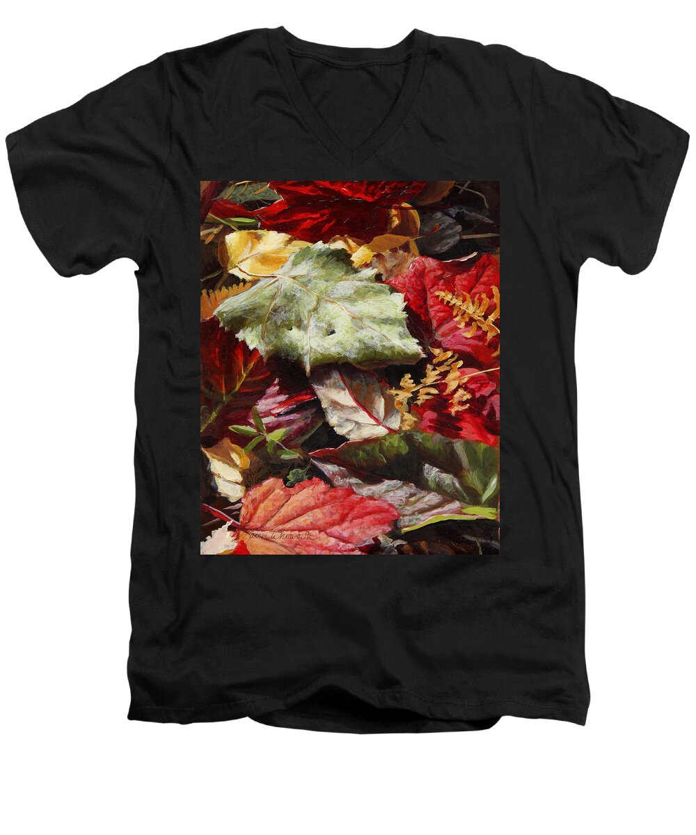 Realism Men's V-Neck T-Shirt featuring the painting Red Autumn - Wasilla Leaves by K Whitworth
