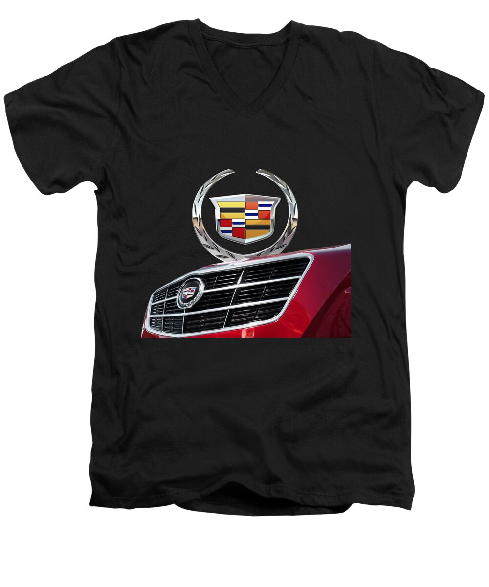 'auto Badges' By Serge Averbukh Men's V-Neck T-Shirt featuring the photograph Red Cadillac C T S - Front Grill Ornament and 3D Badge on Black by Serge Averbukh