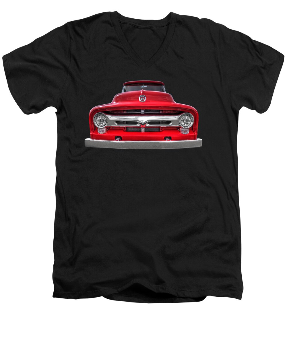 Ford F100 Men's V-Neck T-Shirt featuring the photograph Red Ford F-100 Head On by Gill Billington
