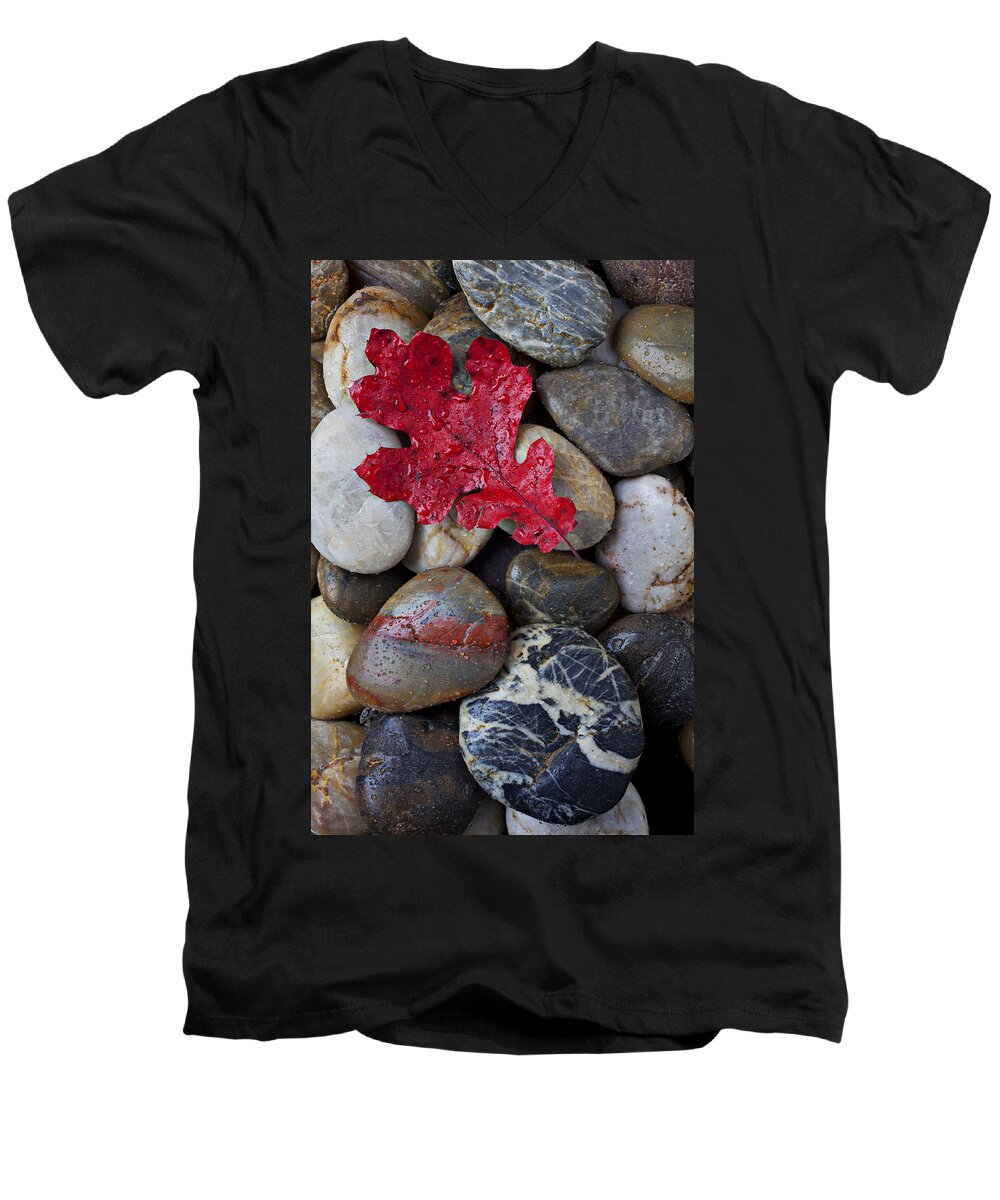 Red Leaf Men's V-Neck T-Shirt featuring the photograph Red Leaf Wet Stones by Garry Gay