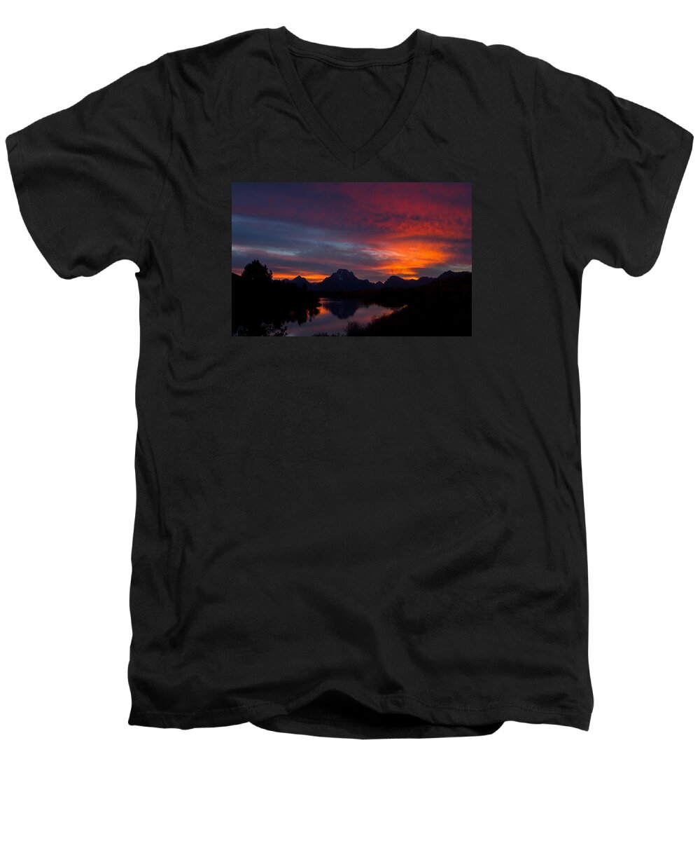 Grand Teton Men's V-Neck T-Shirt featuring the photograph Red Sky at Oxbow by Shari Sommerfeld