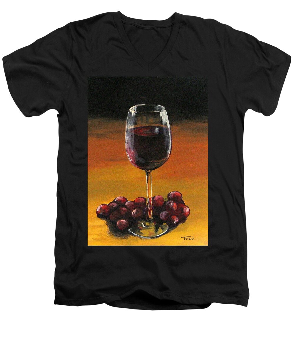 Wine Men's V-Neck T-Shirt featuring the painting Red Wine and Red Grapes by Torrie Smiley