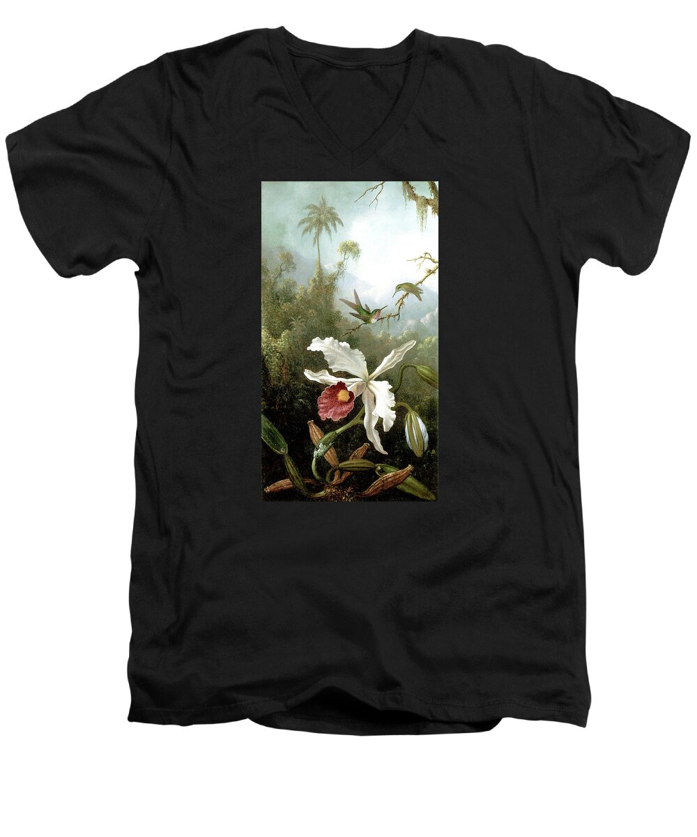 Masters Men's V-Neck T-Shirt featuring the painting Retouched Masters - Orchid and Hummingbirds in tropical forest by Audrey Jeanne Roberts