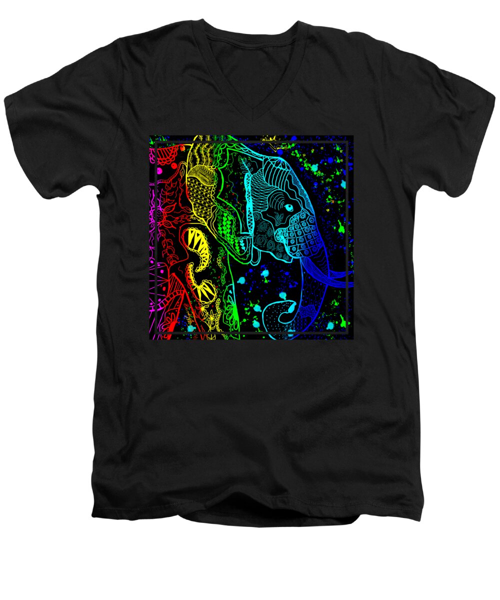 Zentangle Men's V-Neck T-Shirt featuring the painting Rainbow Zentangle Elephant with Black Background by Becky Herrera