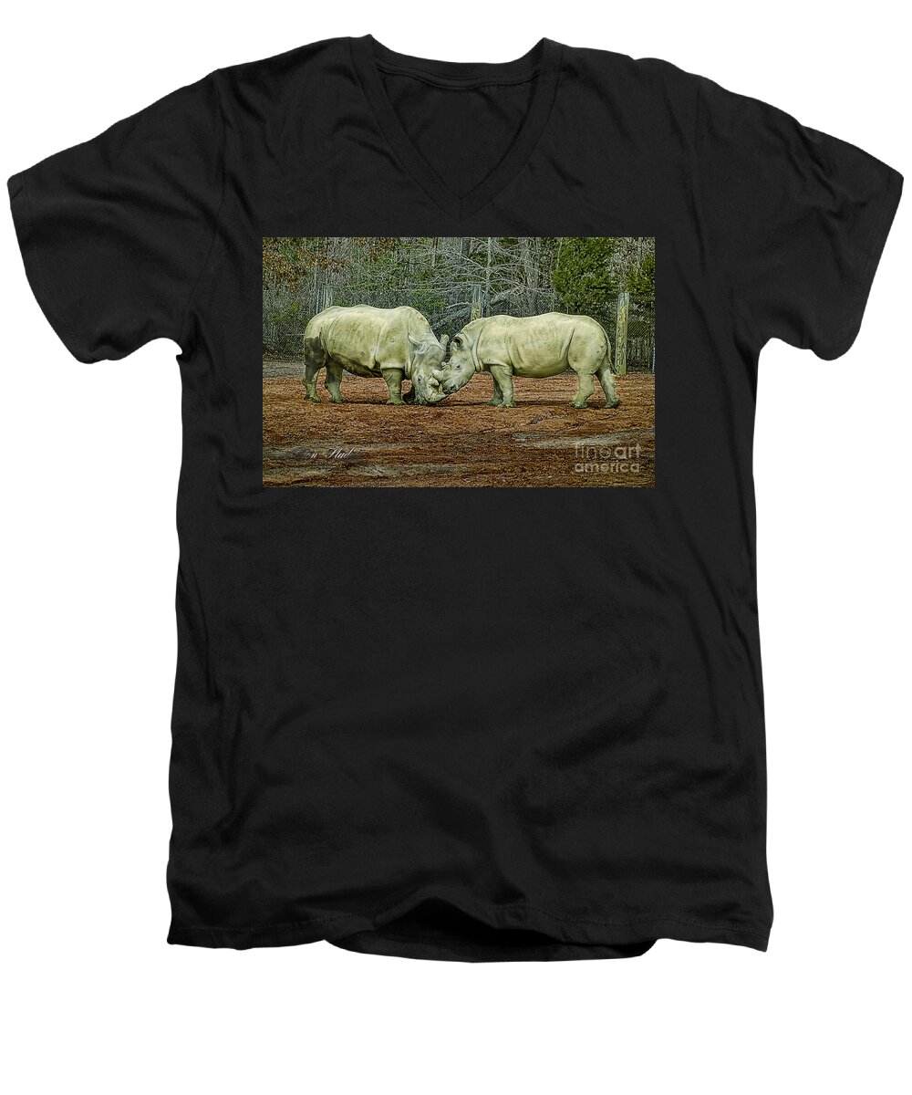Photoshop Men's V-Neck T-Shirt featuring the photograph Rhinos In Love by Melissa Messick